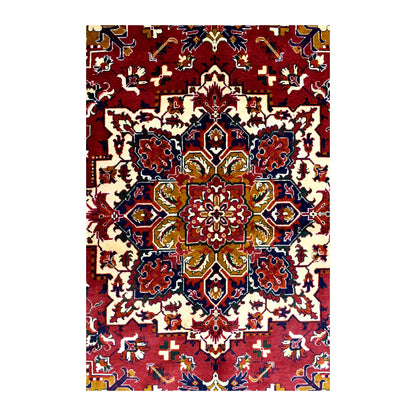 Close-up of the stepped central medallion on the Afghan Karghai rug with red, ivory, ochre and dark-blue detail