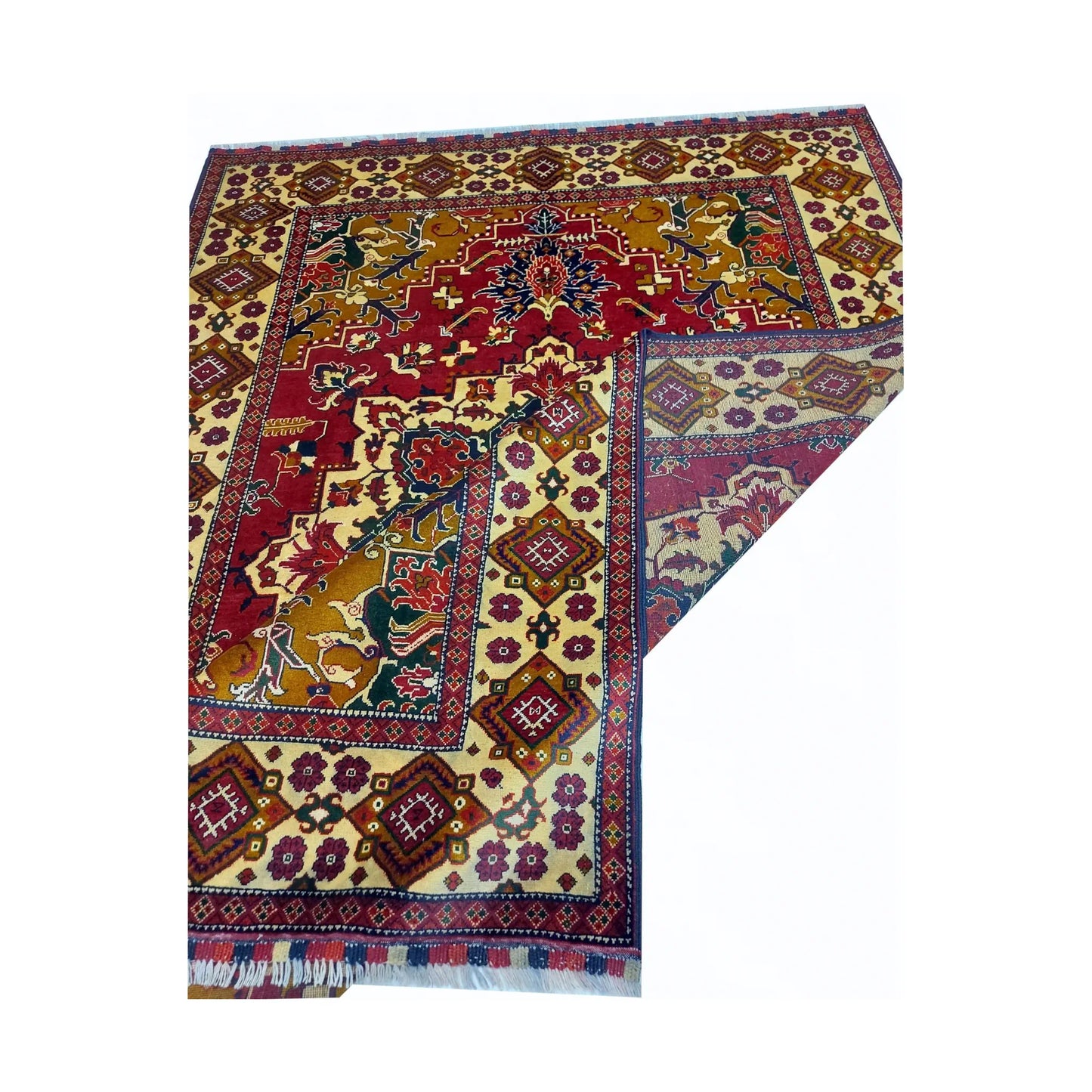 Folded-corner detail of Afghan Karghai wool rug showing front and reverse weave, 281 x 200 cm