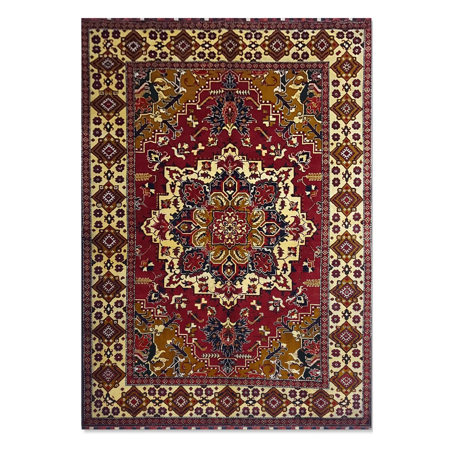 Full view of Afghan Karghai wool rug with red field and central medallion, 281 x 200 cm
