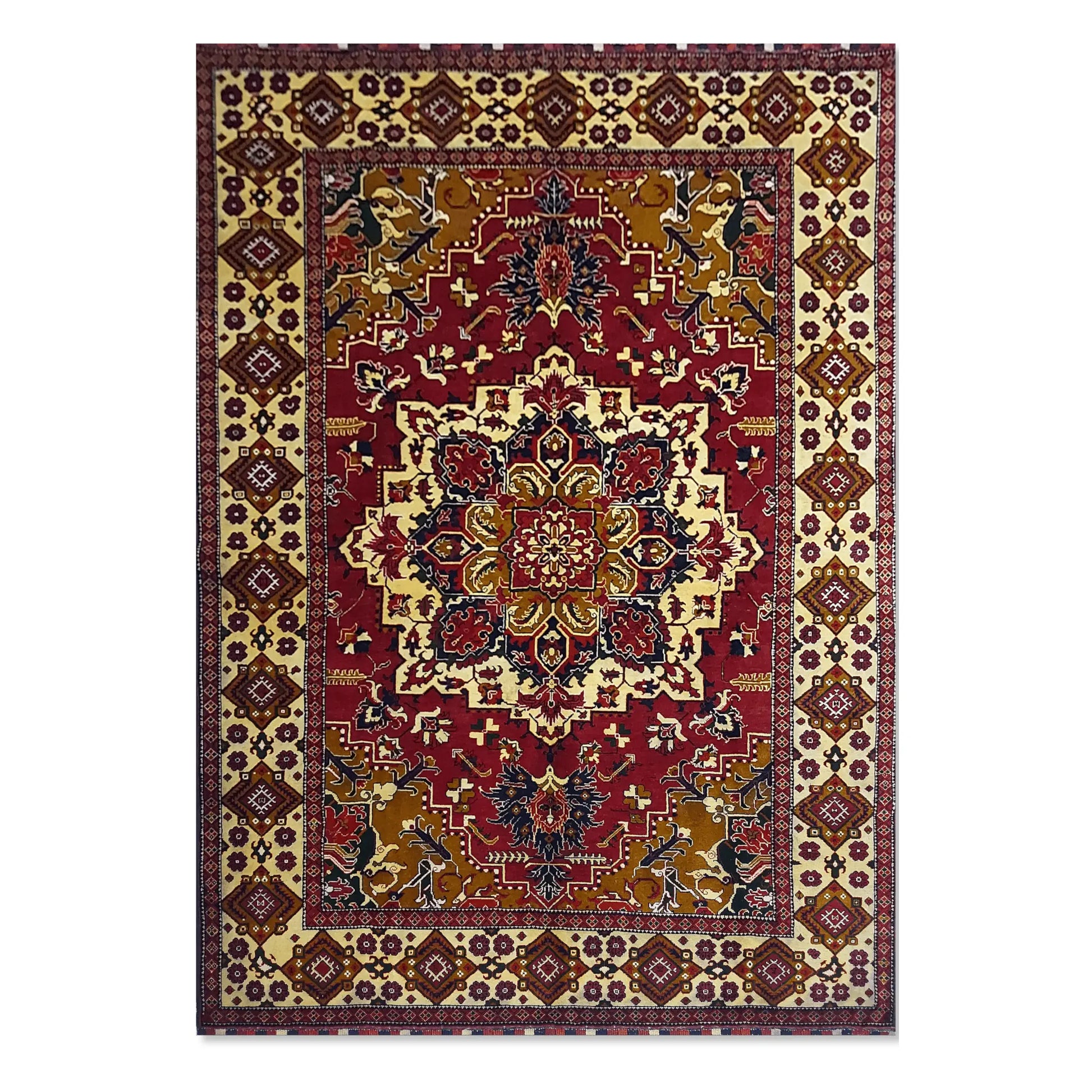 Full view of Afghan Karghai wool rug with red field and central medallion, 281 x 200 cm