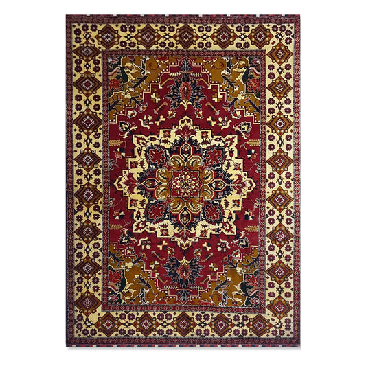 Full view of Afghan Karghai wool rug with red field and central medallion, 281 x 200 cm