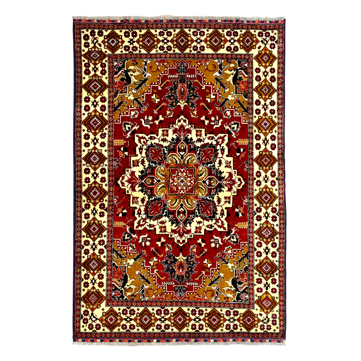 Full view of Afghan Karghai hand-knotted wool rug with deep red field, central medallion, ochre corners and ivory border, 281 x 200 cm