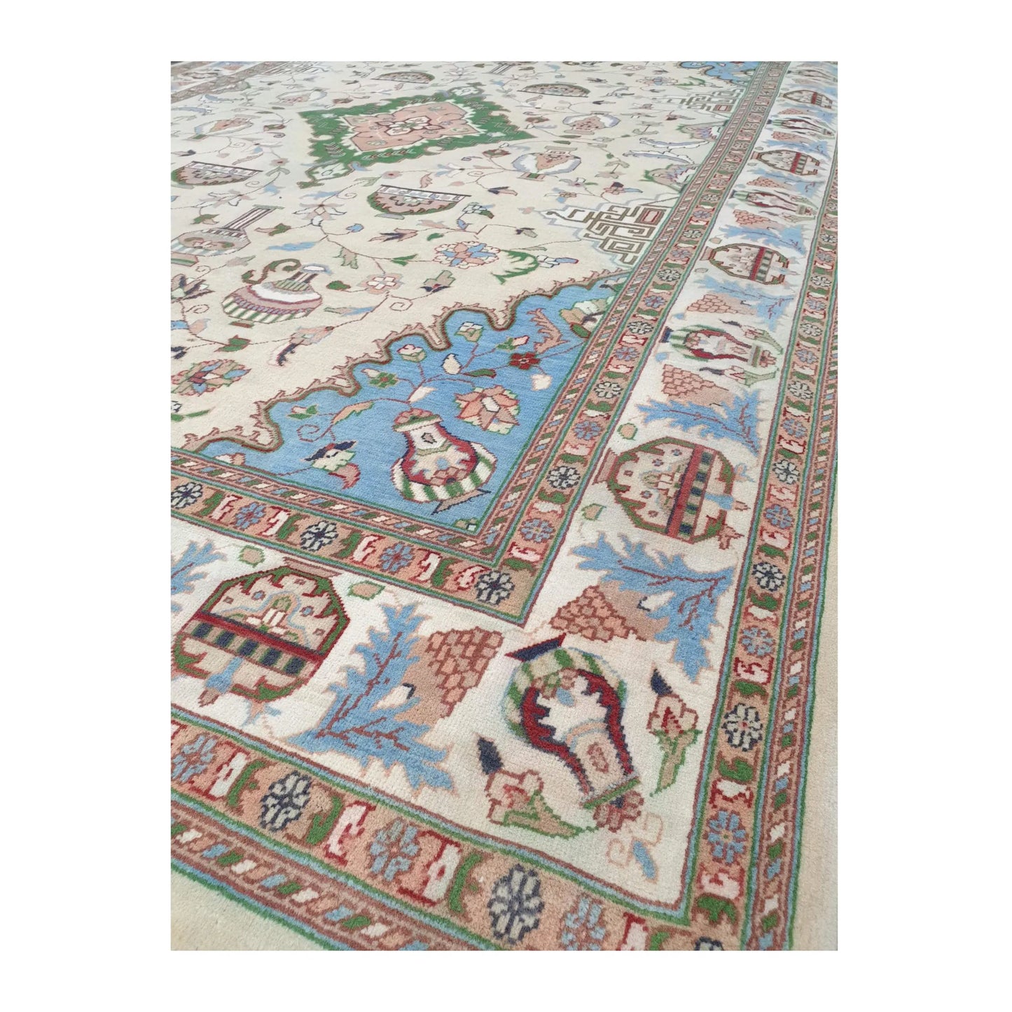 Border detail of Afghan Karghai wool rug with floral motifs and pale blue accents, 298 x 202 cm