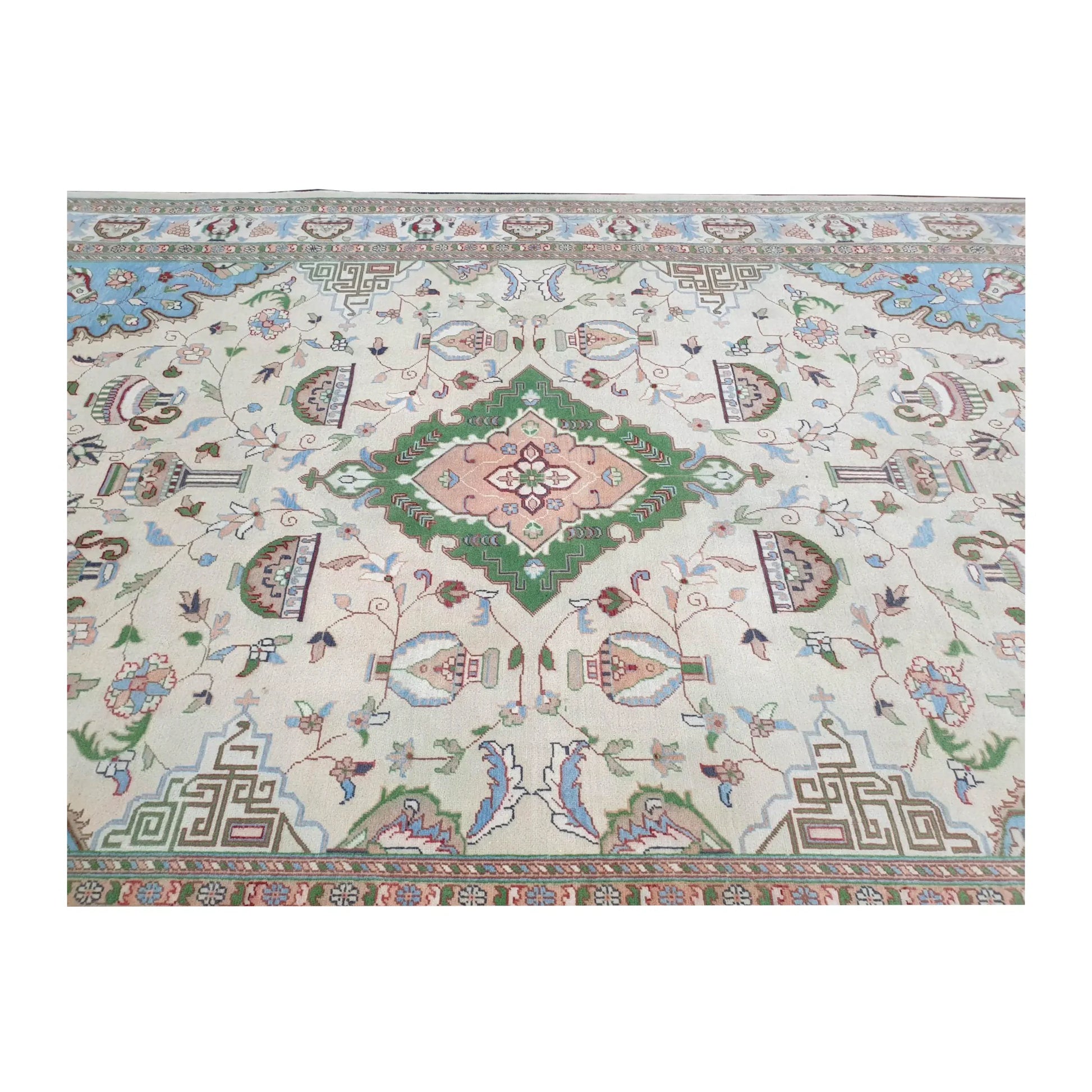 End-border detail of Afghan Karghai wool rug with floral pattern and layered border, 298 x 202 cm