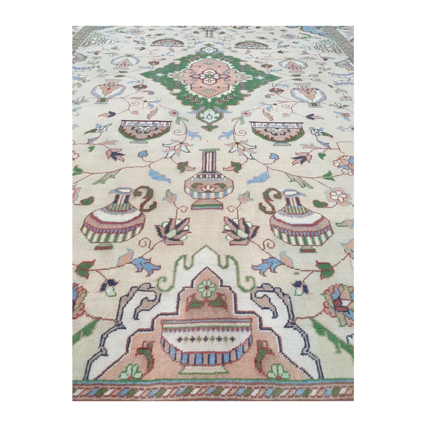Field detail of Afghan Karghai wool rug showing vase-inspired motifs, 298 x 202 cm