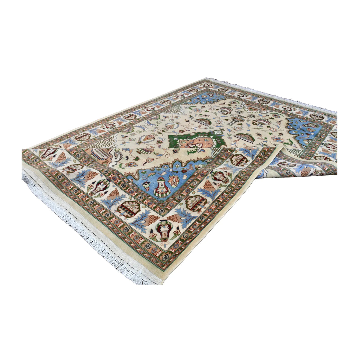 Folded view of the Afghan Karghai rug showing its floral field, blue corner motifs and a glimpse of the reverse