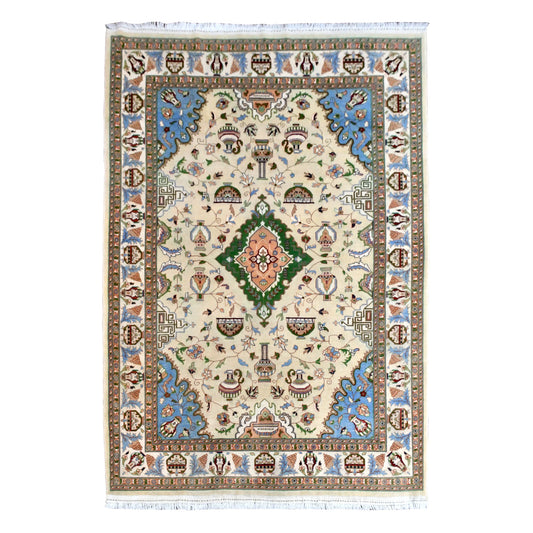 Full view of Afghan Karghai rug with a beige floral field, green medallion, pale blue corners and layered borders, 298 x 202 cm
