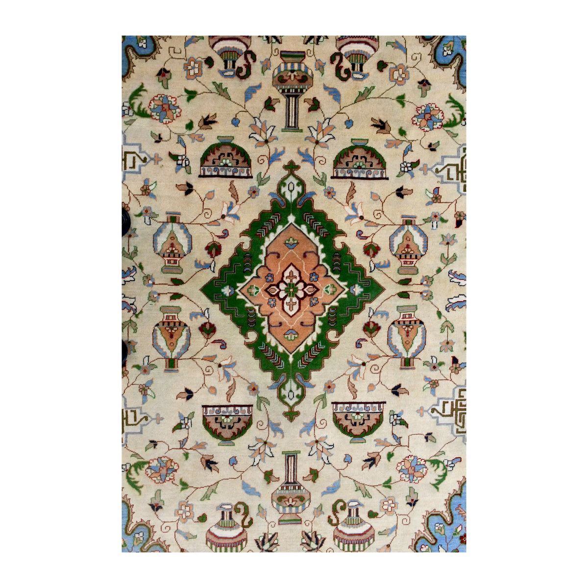 Green medallion with a blush-pink centre amid floral and vase motifs on the Afghan Karghai rug’s beige field