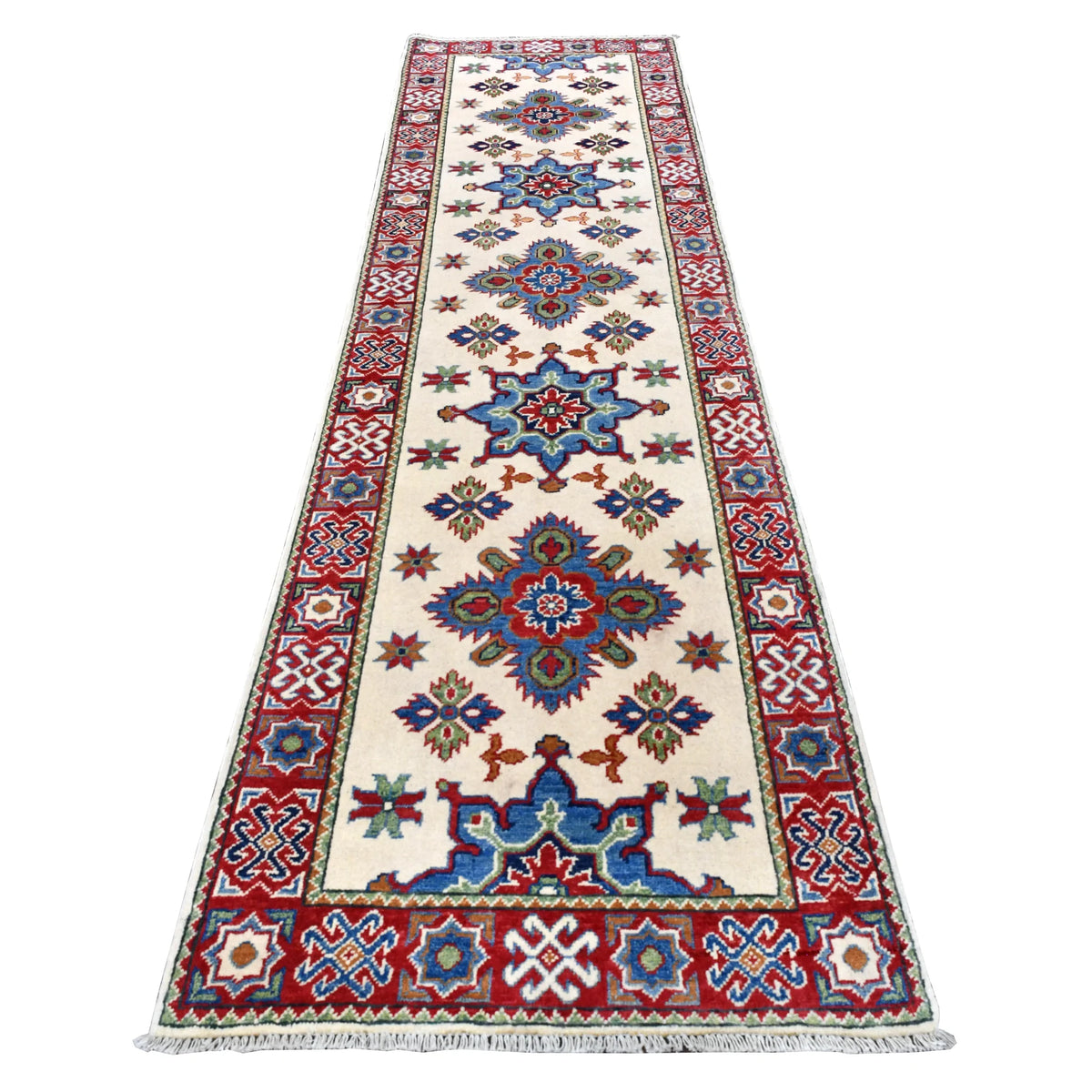Full view of Afghan Kazak hand-knotted wool runner with cream field, blue and red medallions and geometric borders, 300 x 80 cm