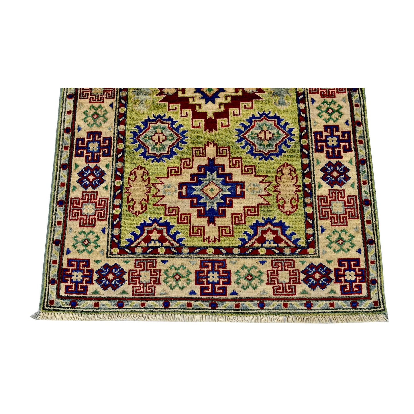 End field and border detail of Afghan Kazak hand-knotted wool rug showing geometric motifs, golden beige ground and red-blue accents