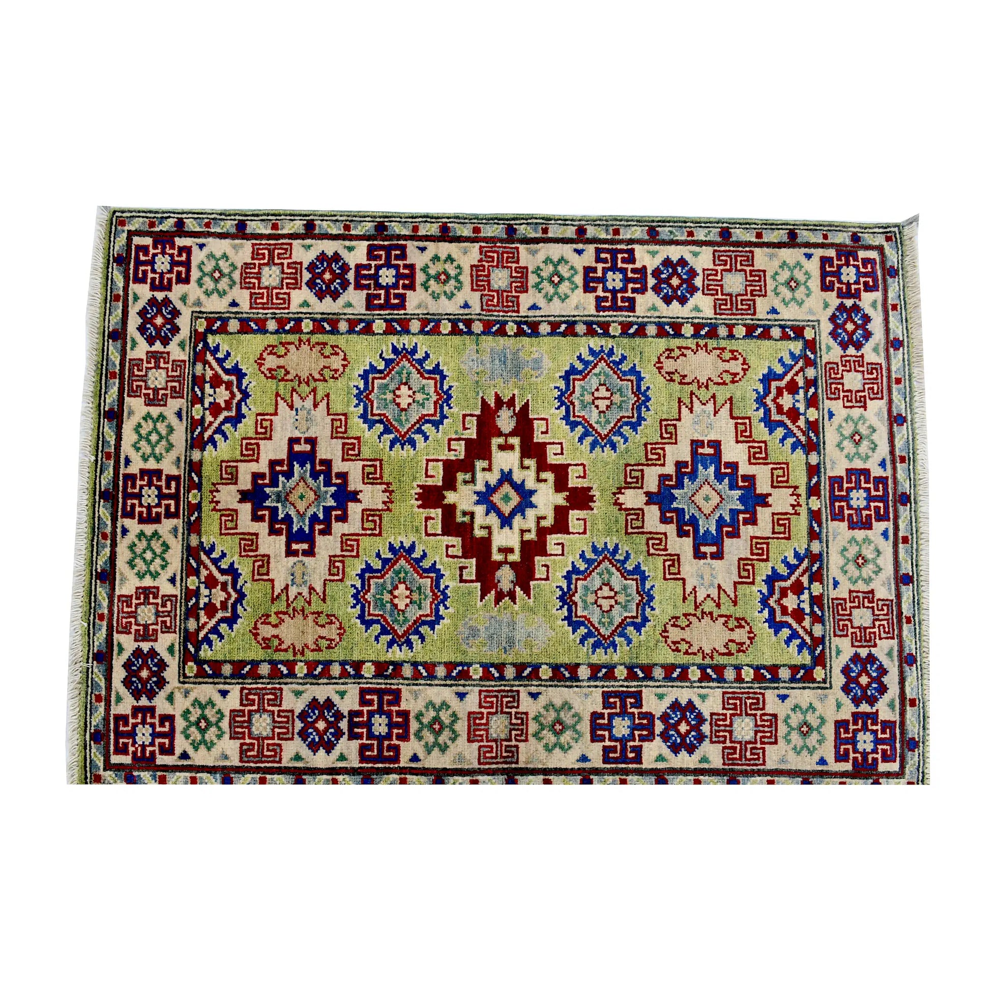 Full design detail of Afghan Kazak hand-knotted wool rug showing medallions, golden beige field and detailed border