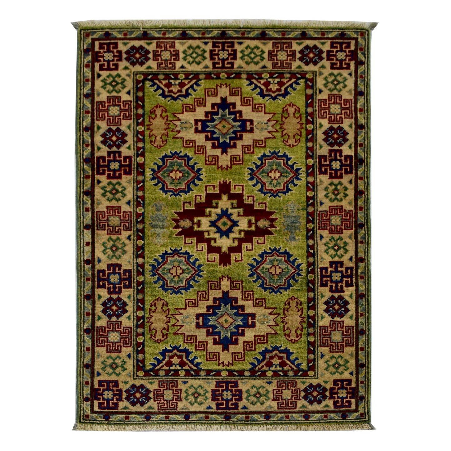 Full view of Afghan Kazak hand-knotted wool rug with golden beige field, geometric medallions and detailed border, 117 x 83 cm