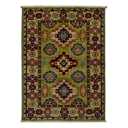 Full view of Afghan Kazak hand-knotted wool rug with golden beige field, geometric medallions and detailed border, 117 x 83 cm