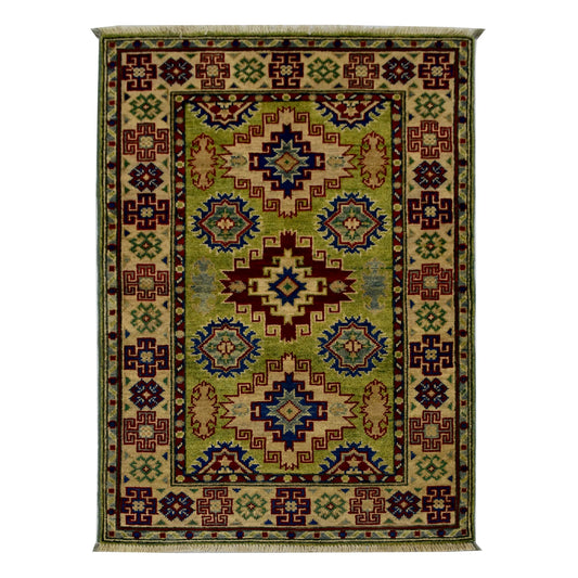 Full view of Afghan Kazak hand-knotted wool rug with golden beige field, geometric medallions and detailed border, 117 x 83 cm