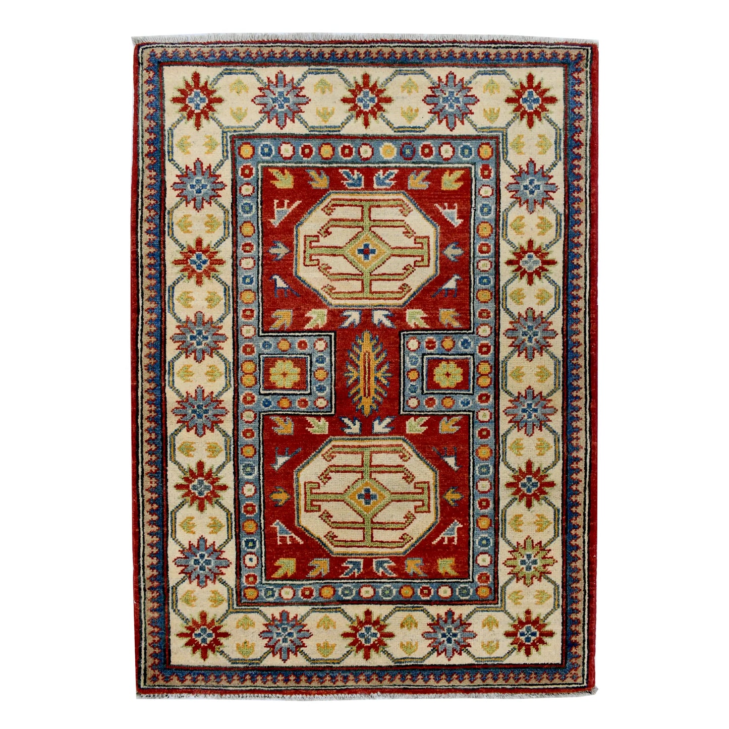 Full view of Afghan Kazak hand-knotted wool rug with cream field, red geometric medallions and detailed border, 124 x 89 cm