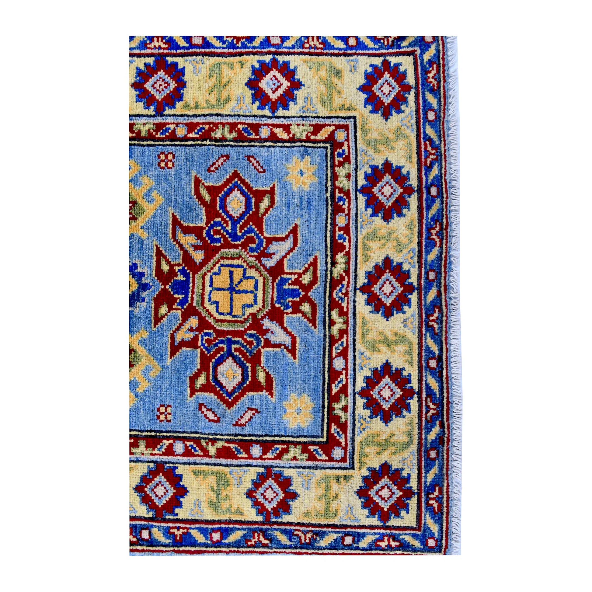 End medallion and border detail of Afghan Kazak hand-knotted wool rug showing light blue field, red motifs and patterned border