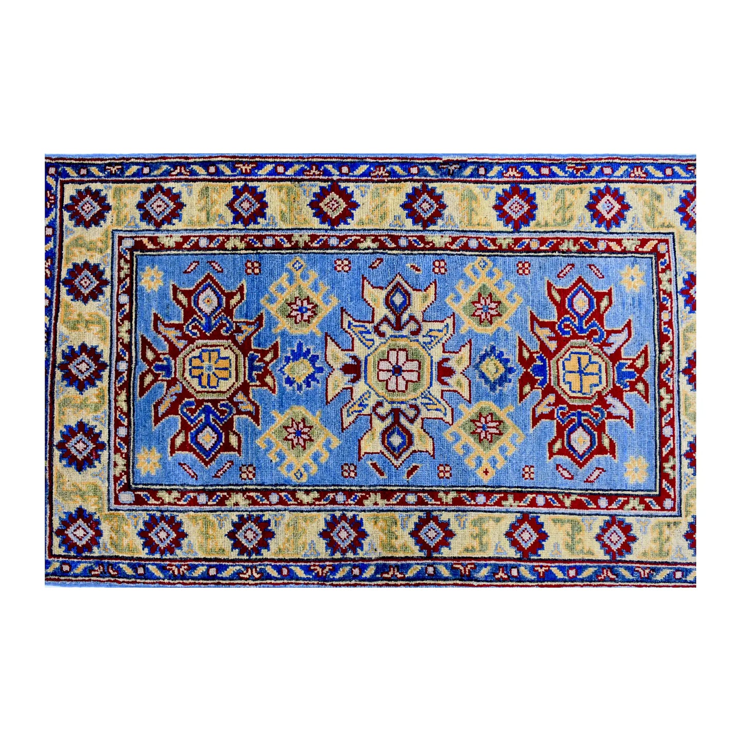 Full design detail of Afghan Kazak hand-knotted wool rug showing three medallions, light blue field and detailed border