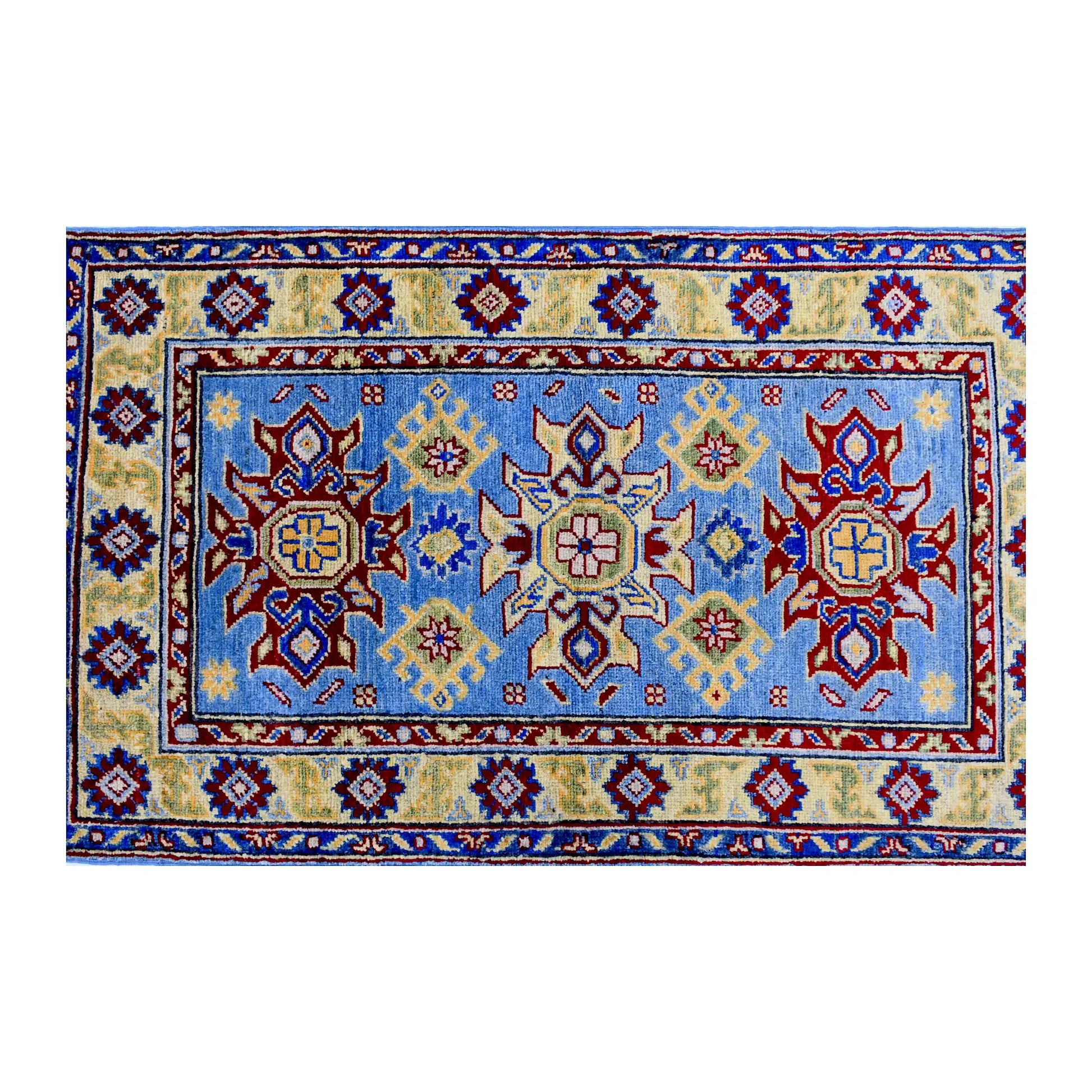 Full design detail of Afghan Kazak hand-knotted wool rug showing three medallions, light blue field and detailed border
