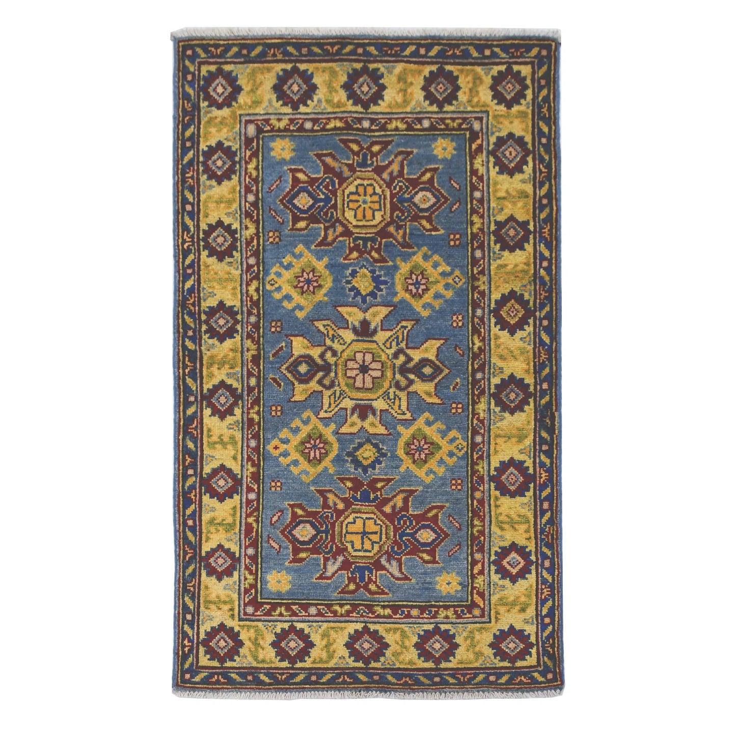 Full view of Afghan Kazak hand-knotted wool rug with light blue field, geometric medallions and detailed border, 135 x 81 cm