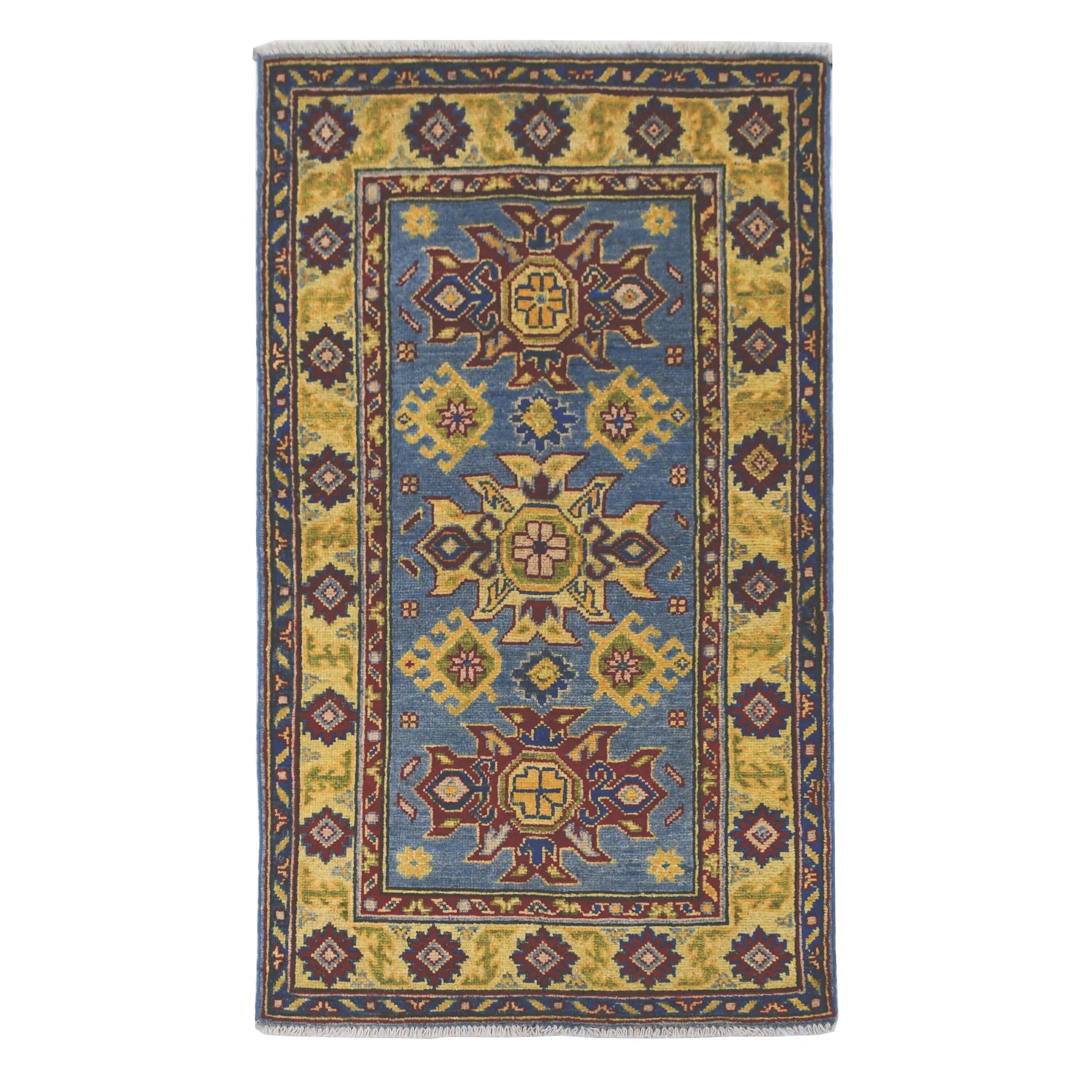 Full view of Afghan Kazak hand-knotted wool rug with light blue field, geometric medallions and detailed border, 135 x 81 cm