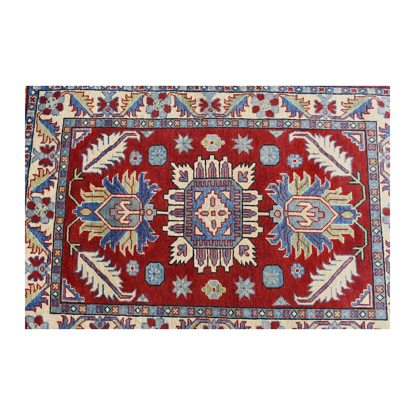 Full design detail of Afghan Kazak hand-knotted wool rug showing three medallions on a red field with detailed border