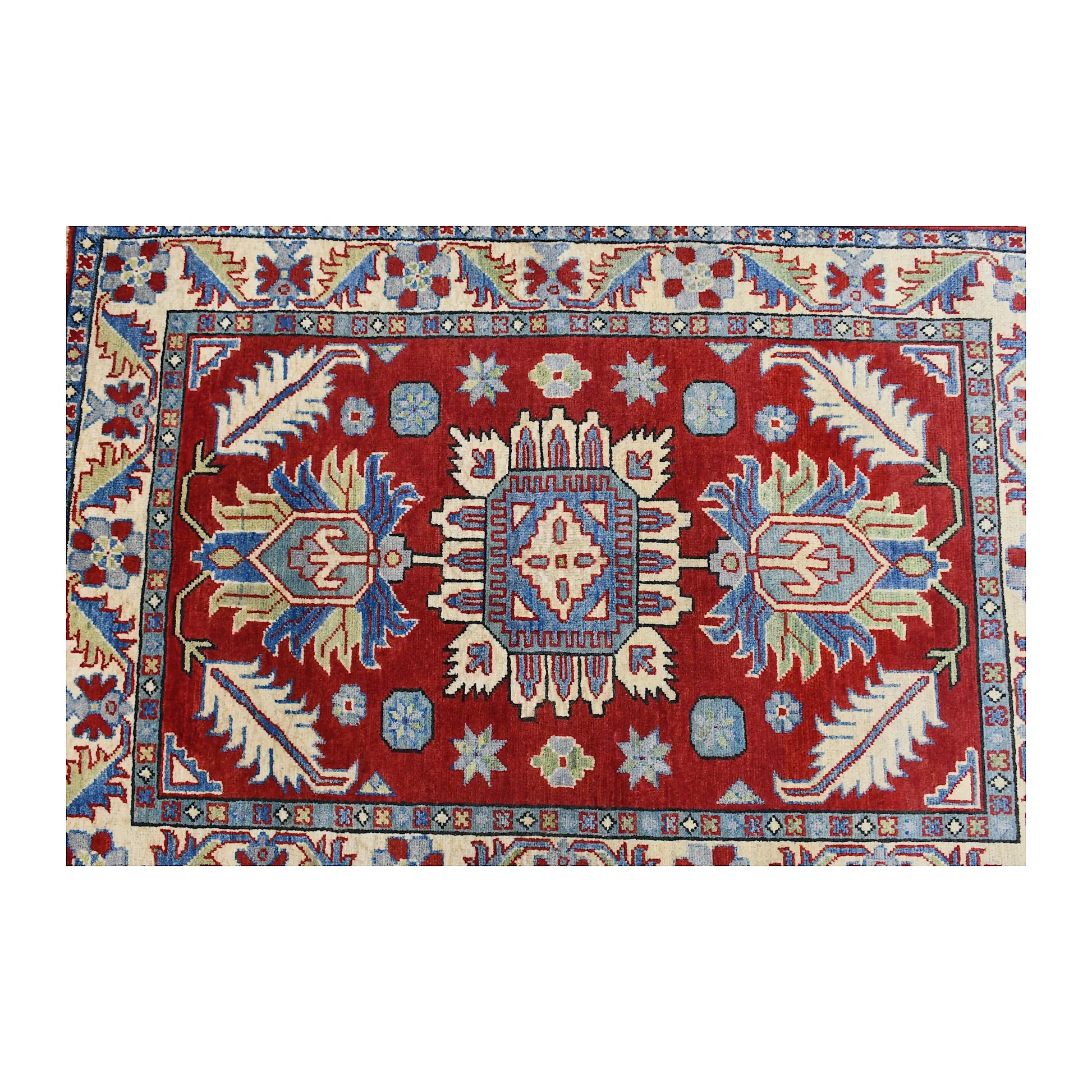 Full design detail of Afghan Kazak hand-knotted wool rug showing three medallions on a red field with detailed border