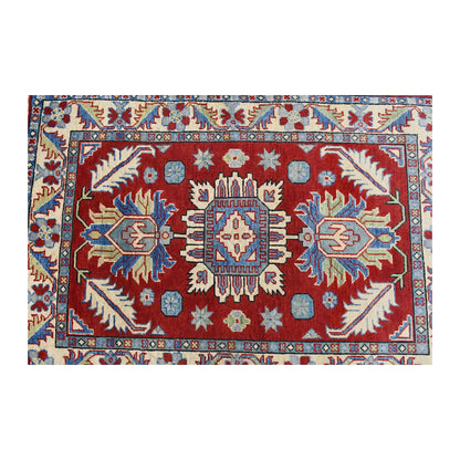 Full design detail of Afghan Kazak hand-knotted wool rug showing three medallions on a red field with detailed border