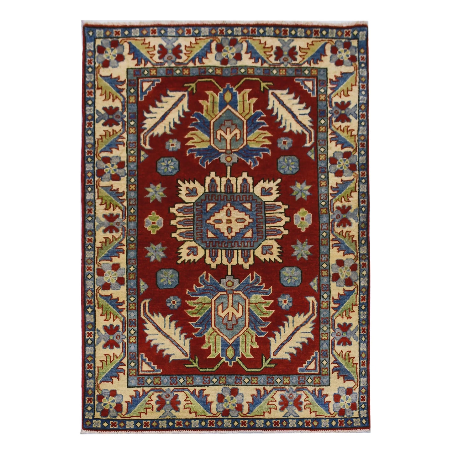 Full view of Afghan Kazak hand-knotted wool rug with red field, three geometric medallions and cream border, 154 x 105 cm