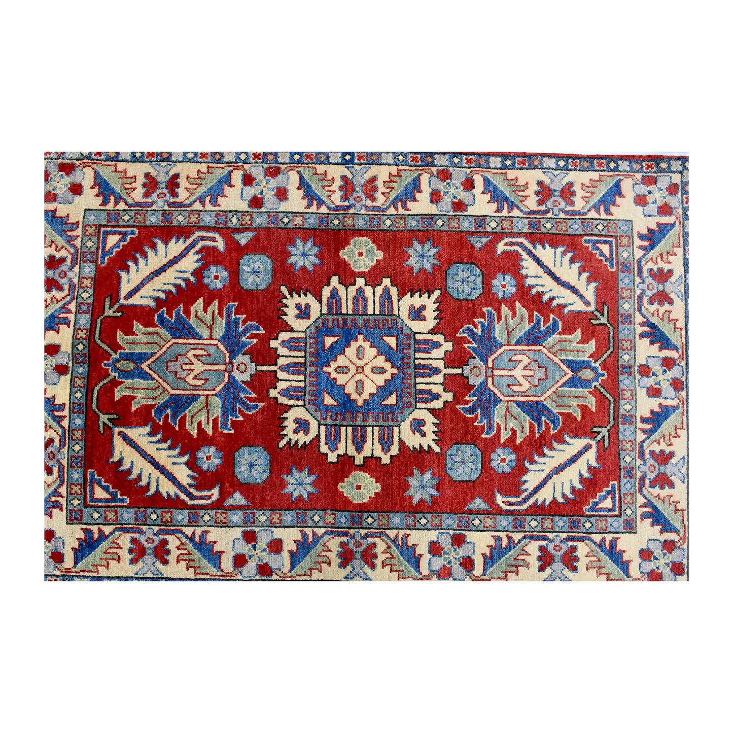 Full design detail of Afghan Kazak hand-knotted wool rug showing central medallion, end motifs and patterned border