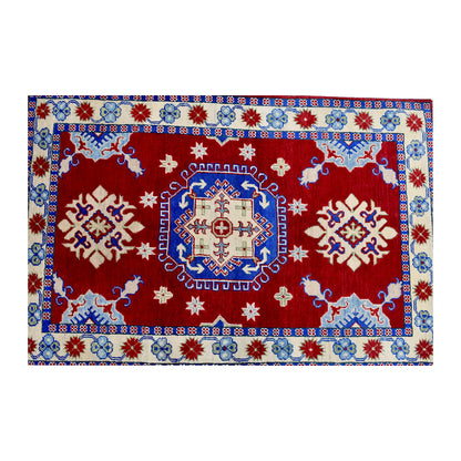 Full design detail of Afghan Kazak hand-knotted wool rug showing central medallion, end motifs and patterned border