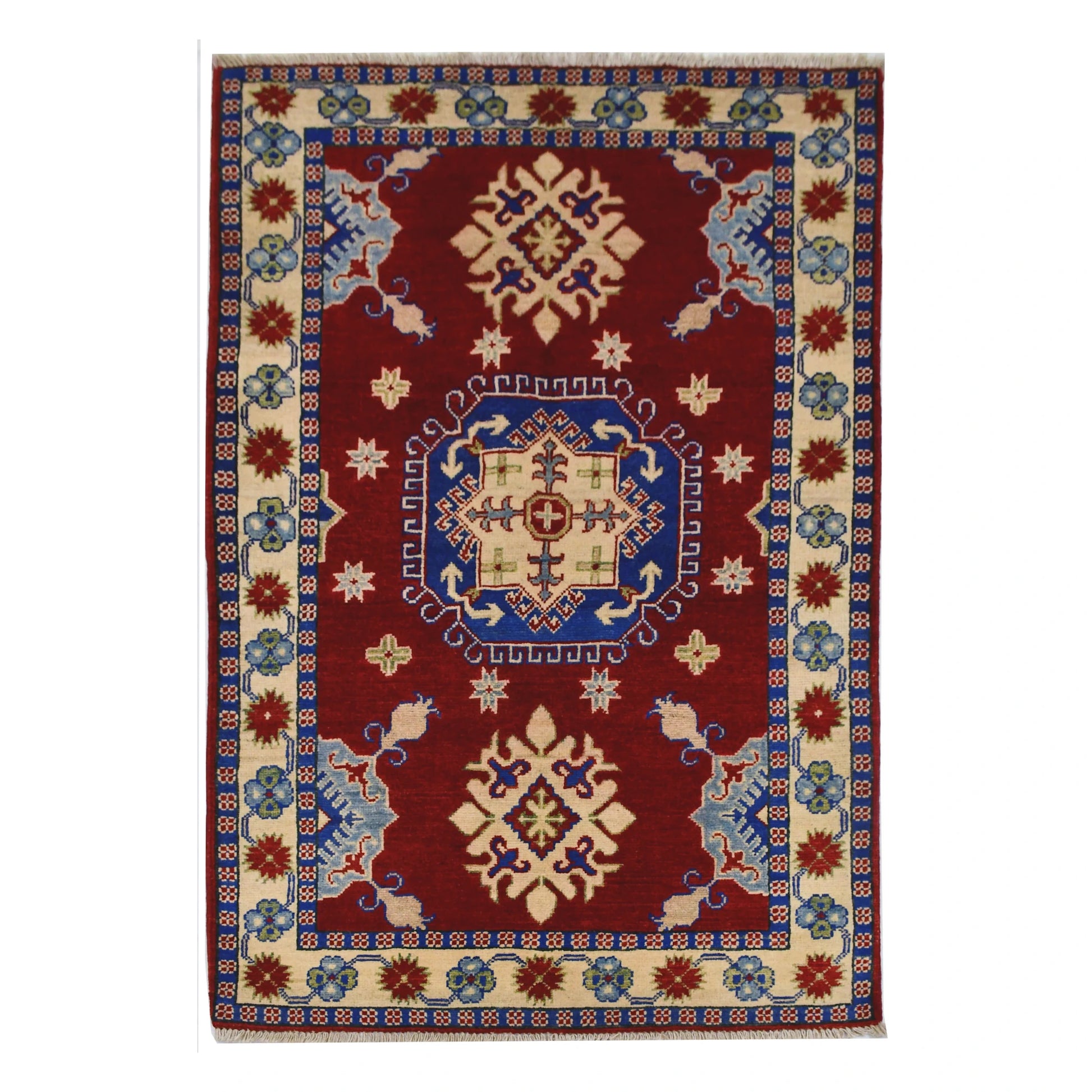 Full view of Afghan Kazak hand-knotted wool rug with red field, central blue medallion and cream border, 156 x 104 cm