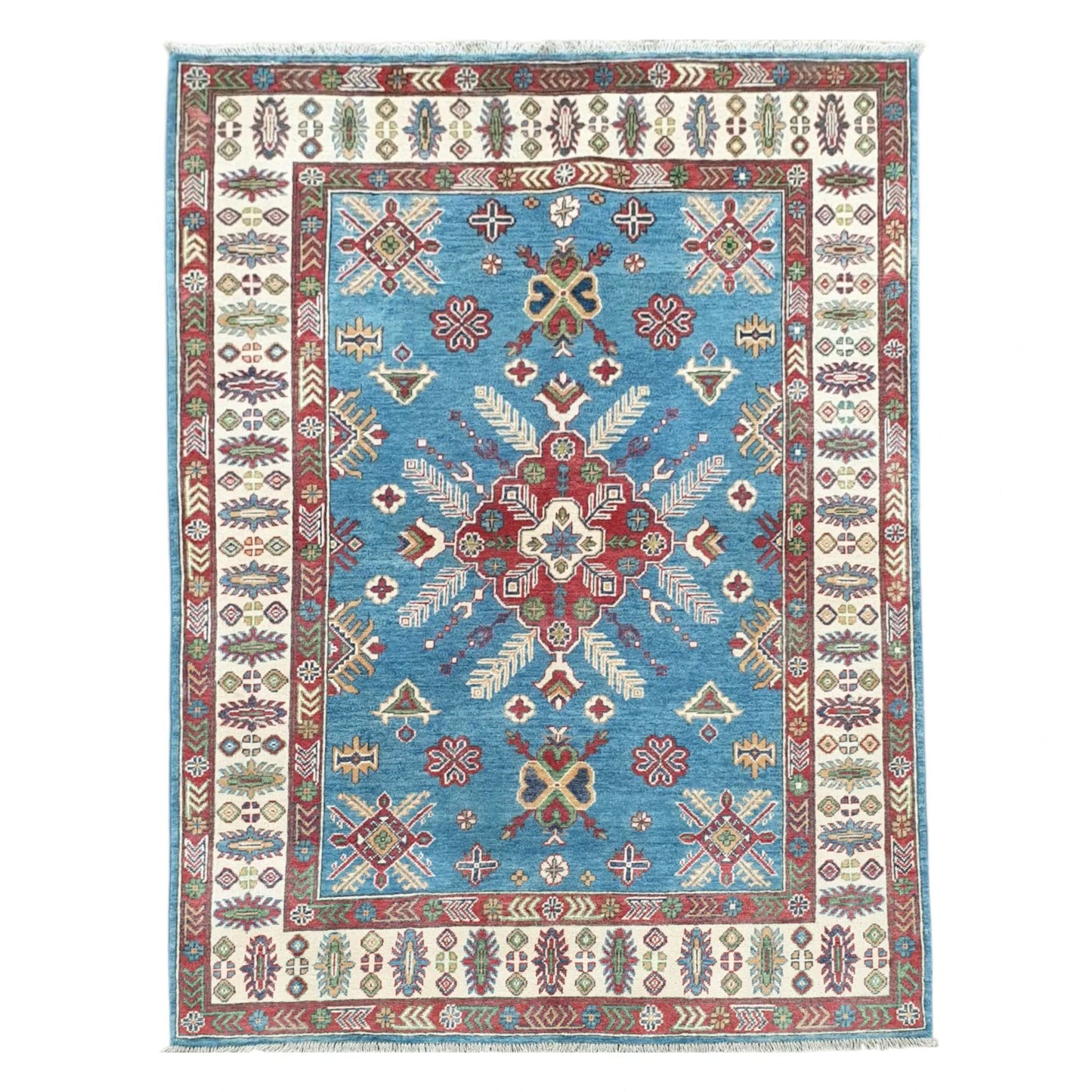 Full view of Afghan Kazak hand-knotted wool rug 204 x 156 cm with blue field and central medallion