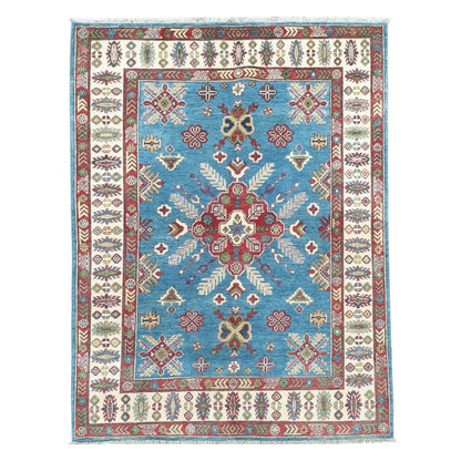 Full view of Afghan Kazak hand-knotted wool rug 204 x 156 cm with blue field and central medallion