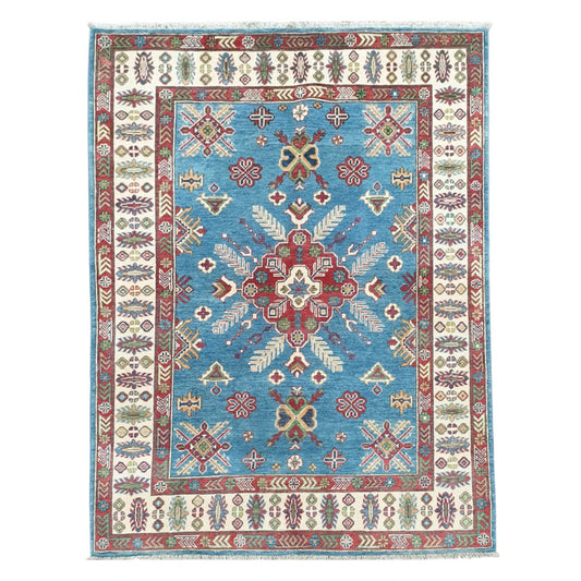 Full view of Afghan Kazak hand-knotted wool rug 204 x 156 cm with blue field and central medallion