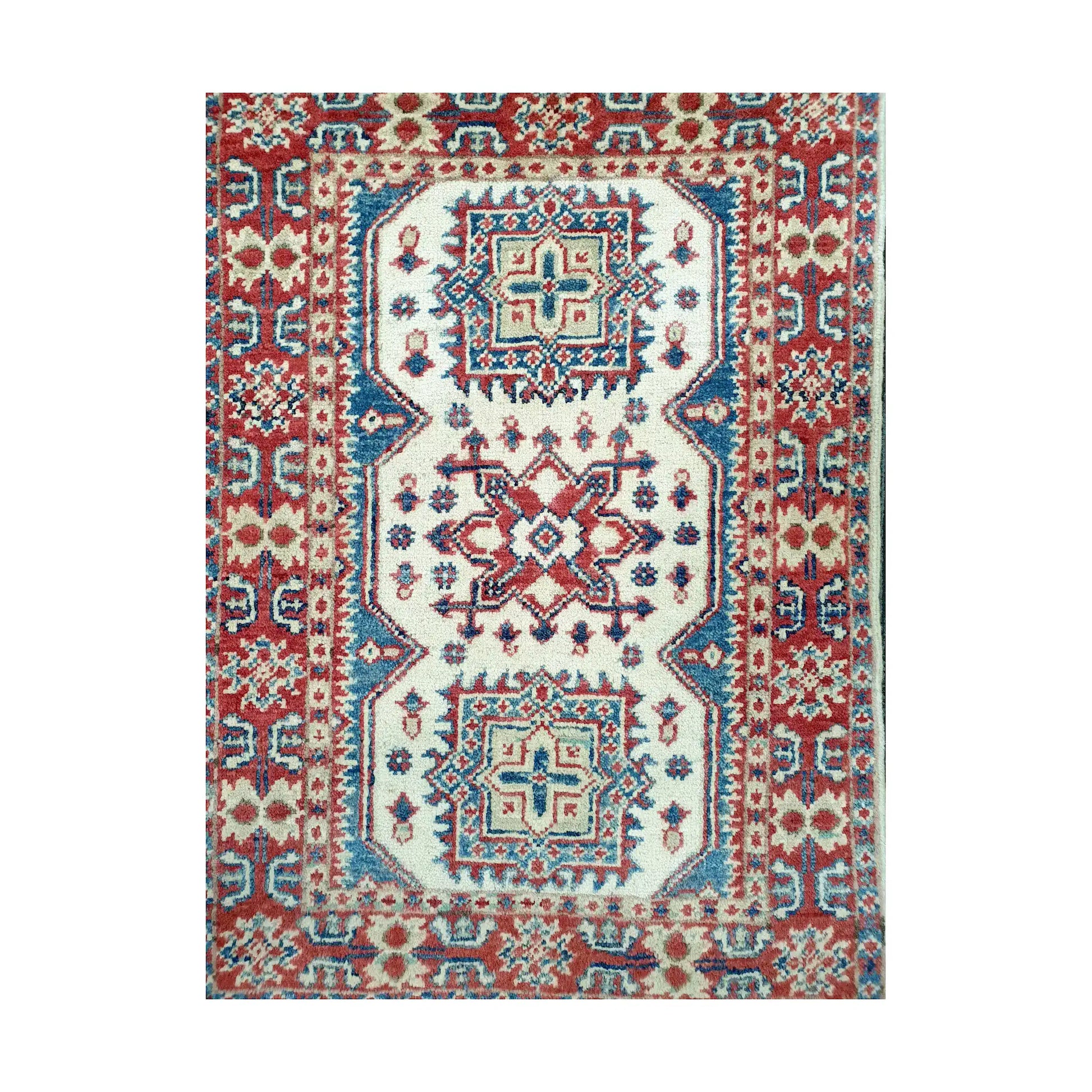 Front design view of Afghan Kazak hand-knotted wool rug showing three geometric medallions, cream central field and patterned red border