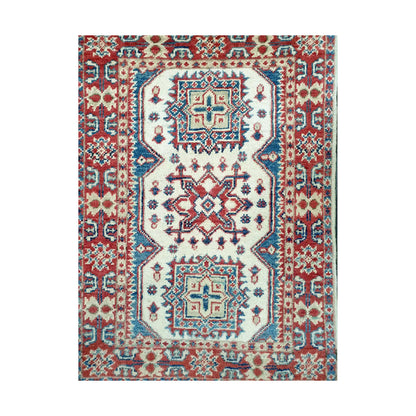 Front design view of Afghan Kazak hand-knotted wool rug showing three geometric medallions, cream central field and patterned red border