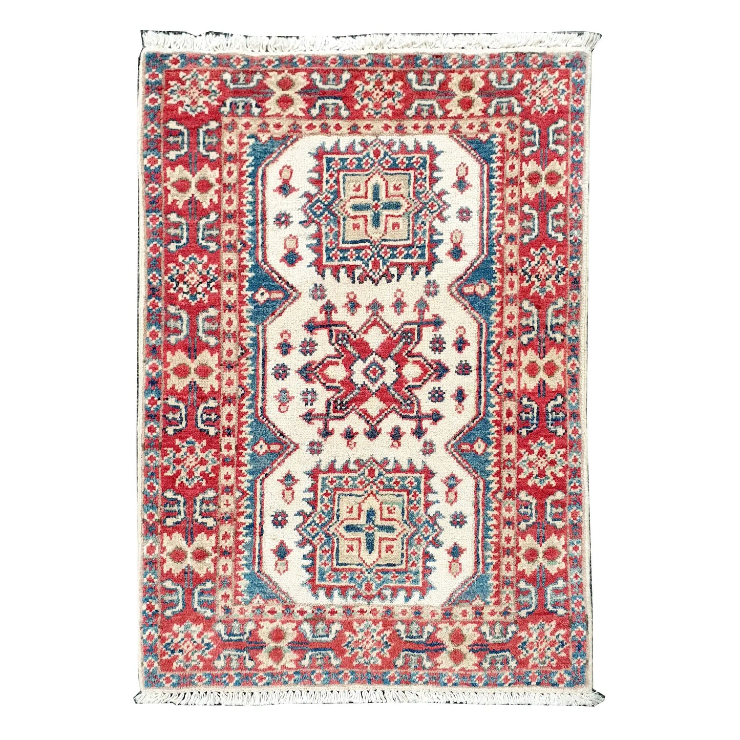 Full view of Afghan Kazak hand-knotted wool rug with cream field, muted red border, teal accents and geometric medallions, 86 x 62 cm