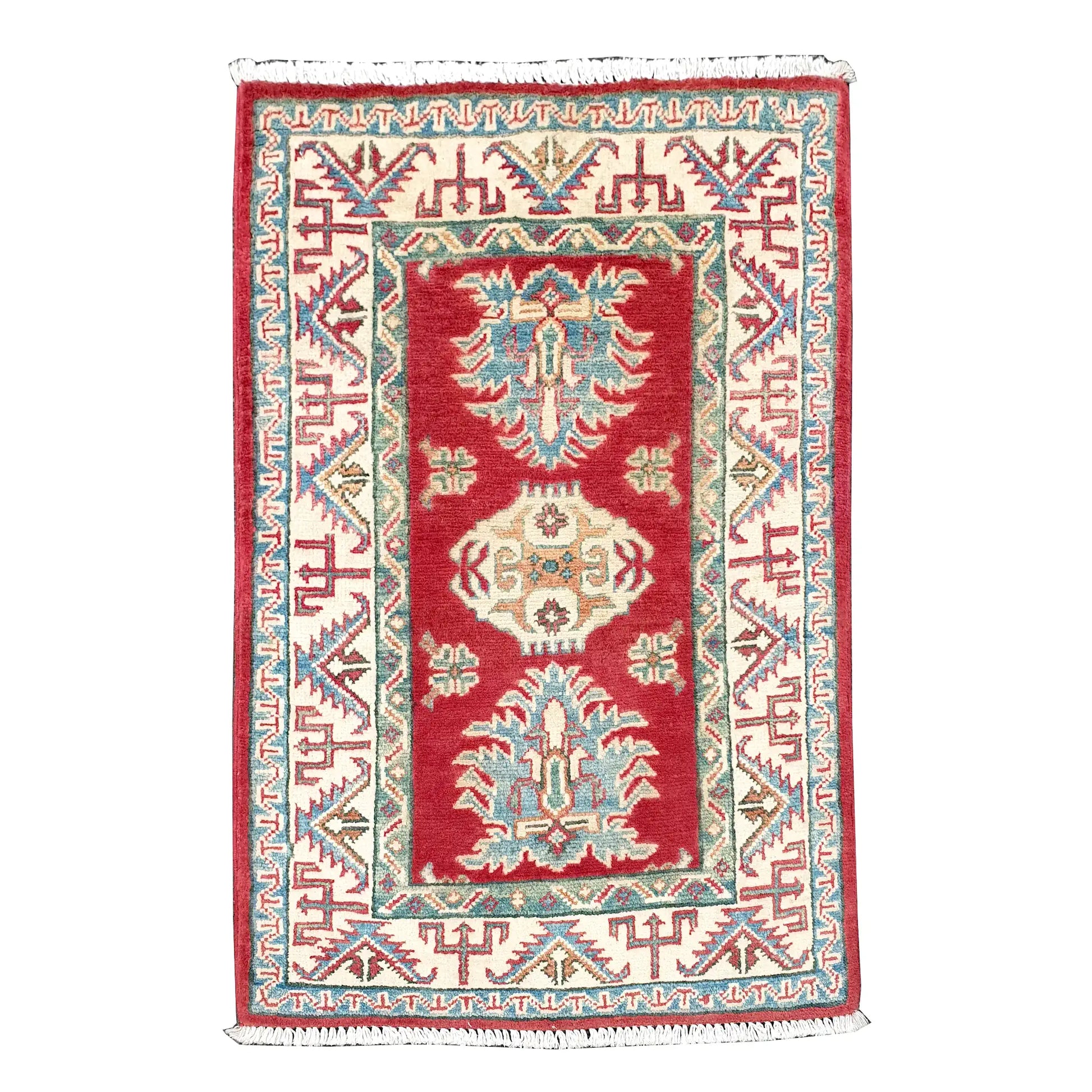 Full view of Afghan Kazak hand-knotted wool rug with red field, cream geometric border and teal-blue stylised motifs, 87 x 62 cm