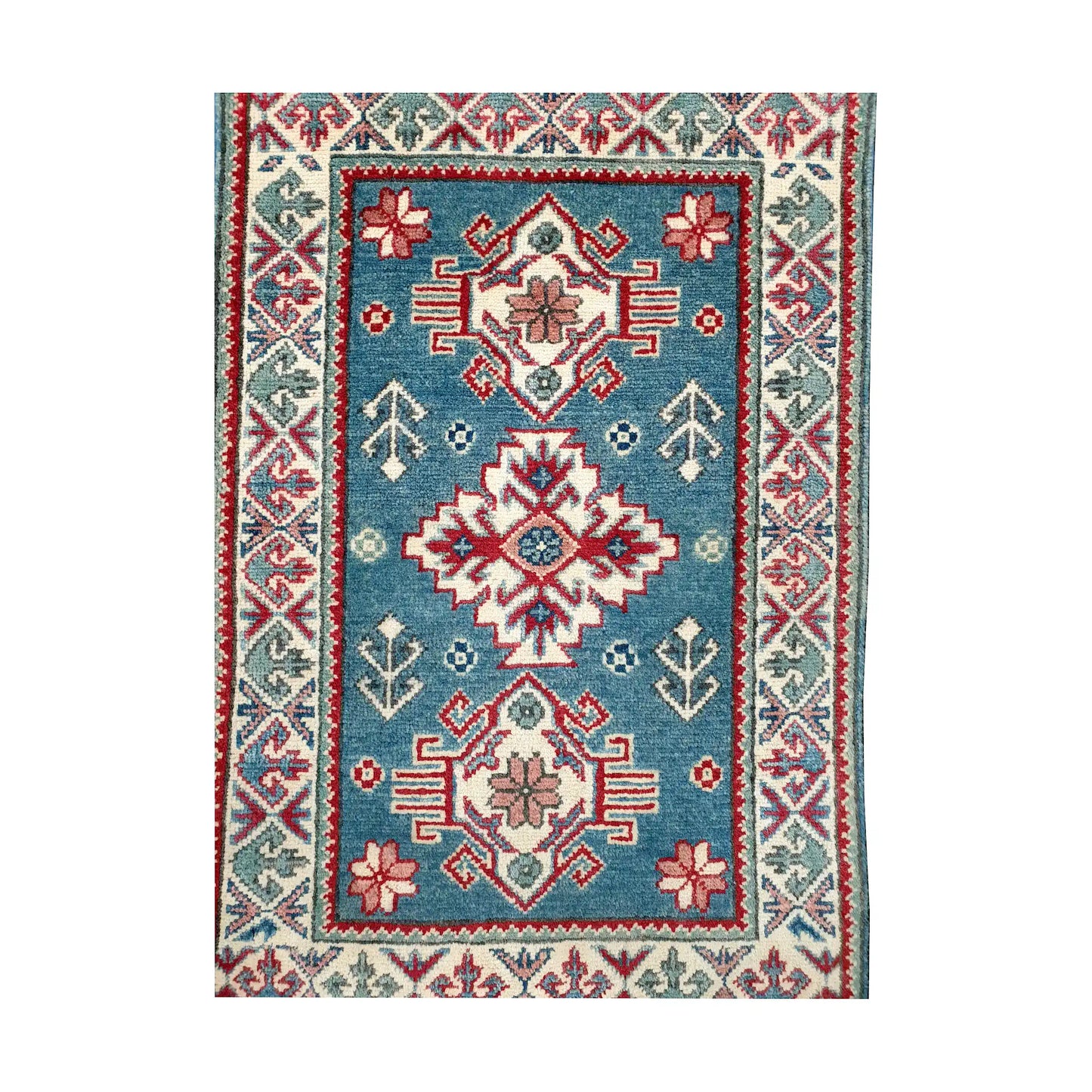 Front design view of Afghan Kazak hand-knotted wool rug showing blue field, central medallion, small motifs and framed border