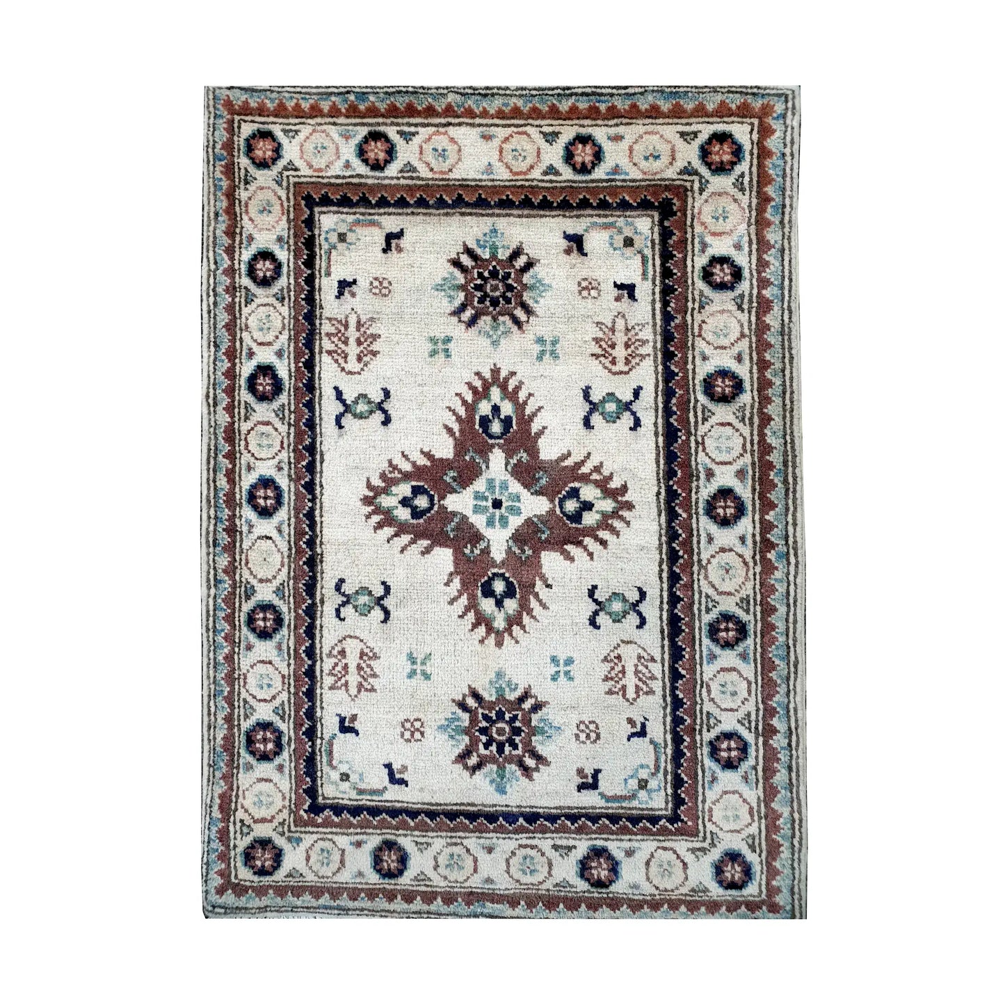 Front design view of Afghan Kazak hand-knotted wool rug showing central medallion, small geometric motifs and detailed border