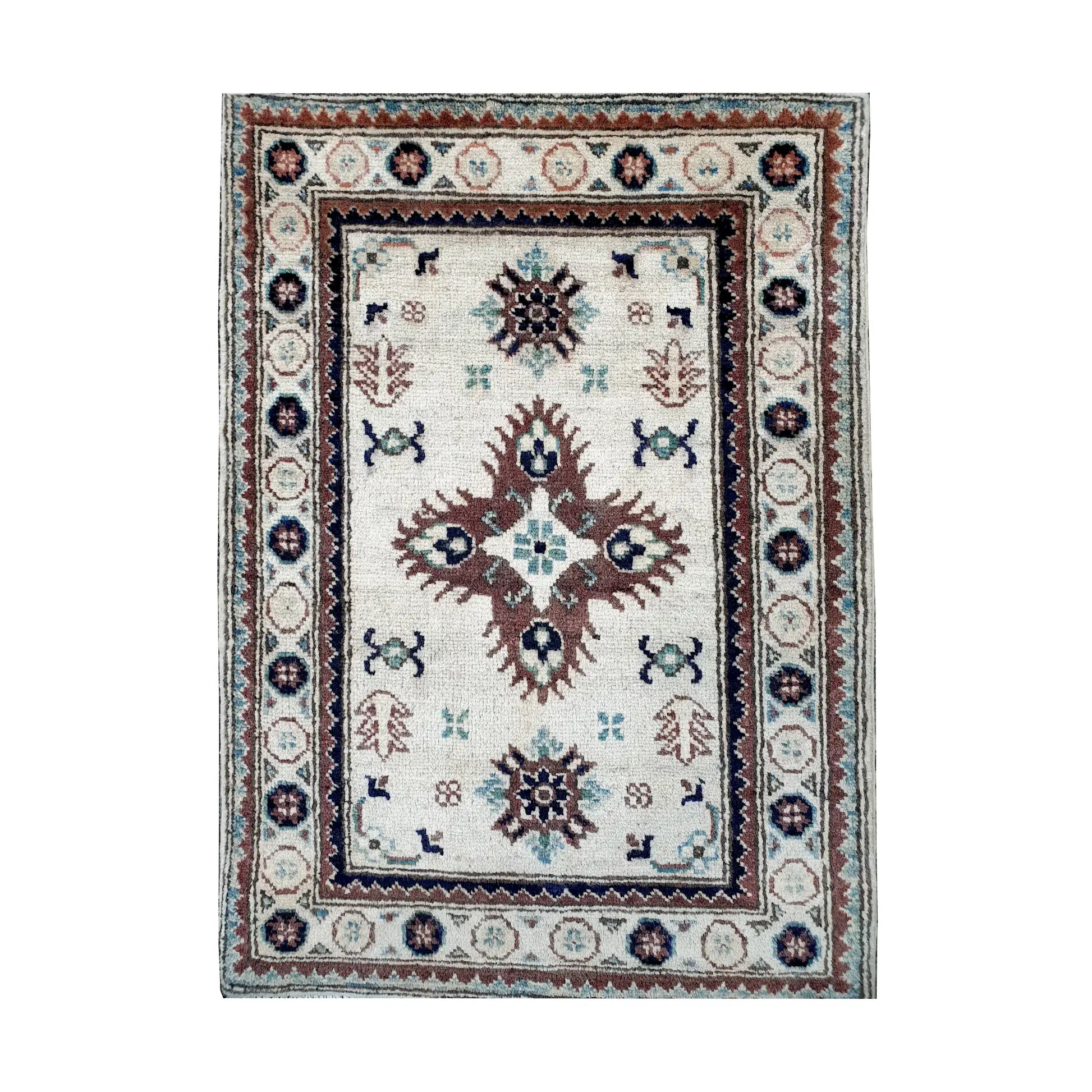 Front design view of Afghan Kazak hand-knotted wool rug showing central medallion, small geometric motifs and detailed border