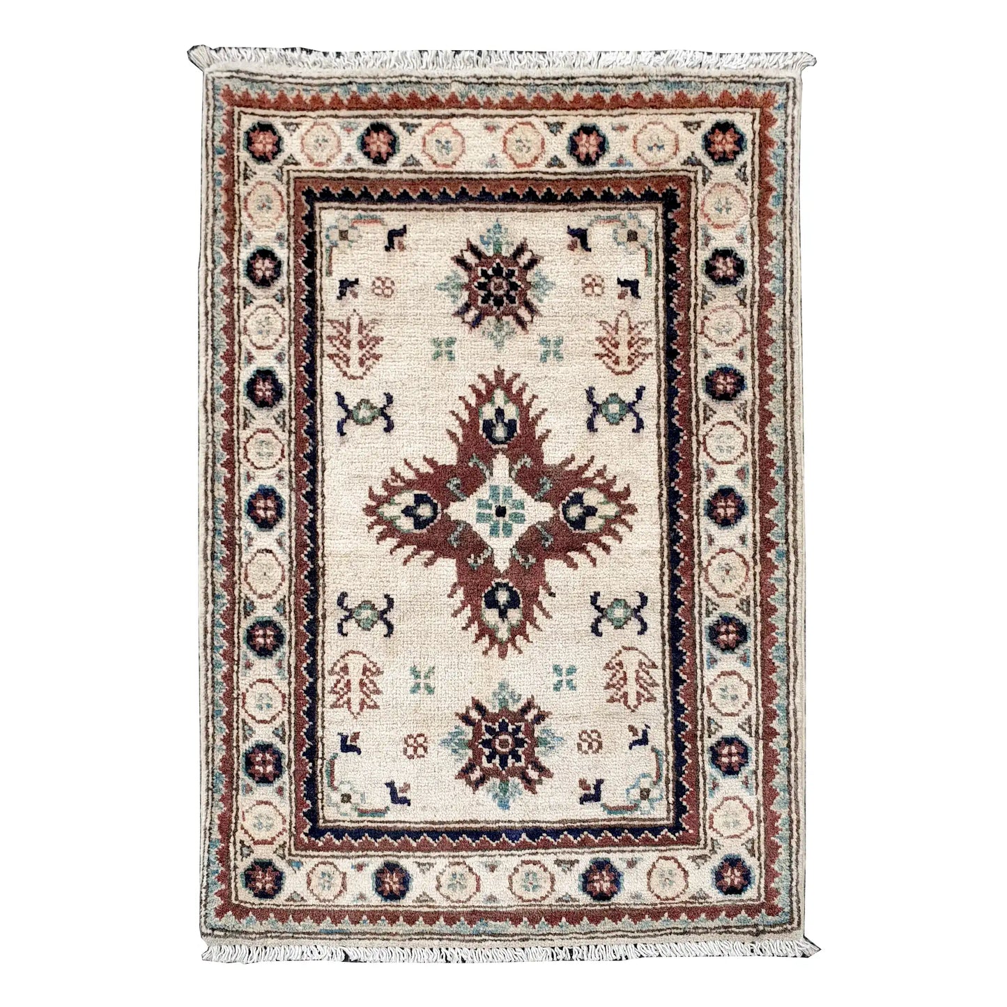 Full view of Afghan Kazak hand-knotted wool rug with ivory field, central geometric medallion and framed border, 90 x 64 cm
