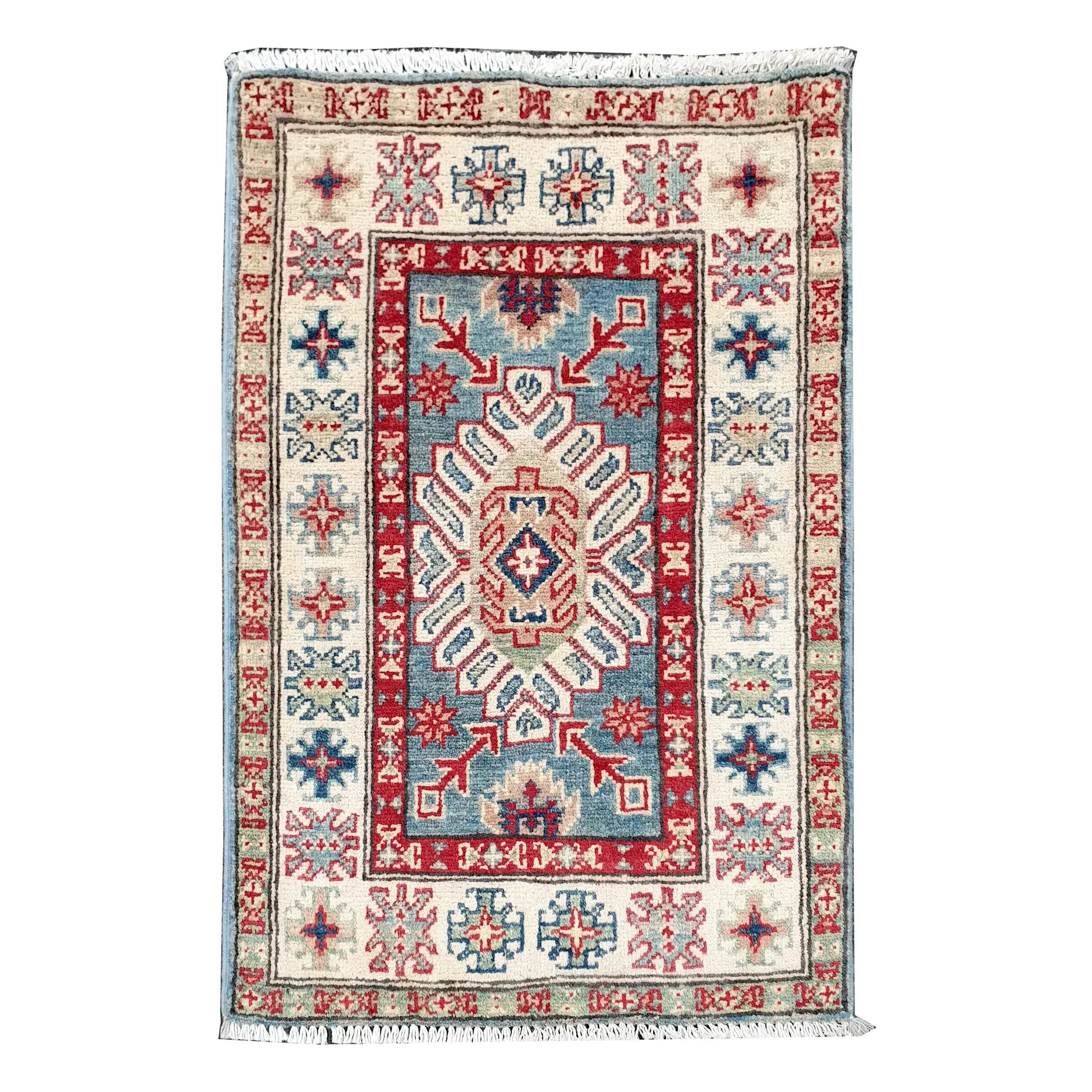 Full view of Afghan Kazak hand-knotted wool rug with blue field, off-white border and central geometric motif, 91 x 60 cm