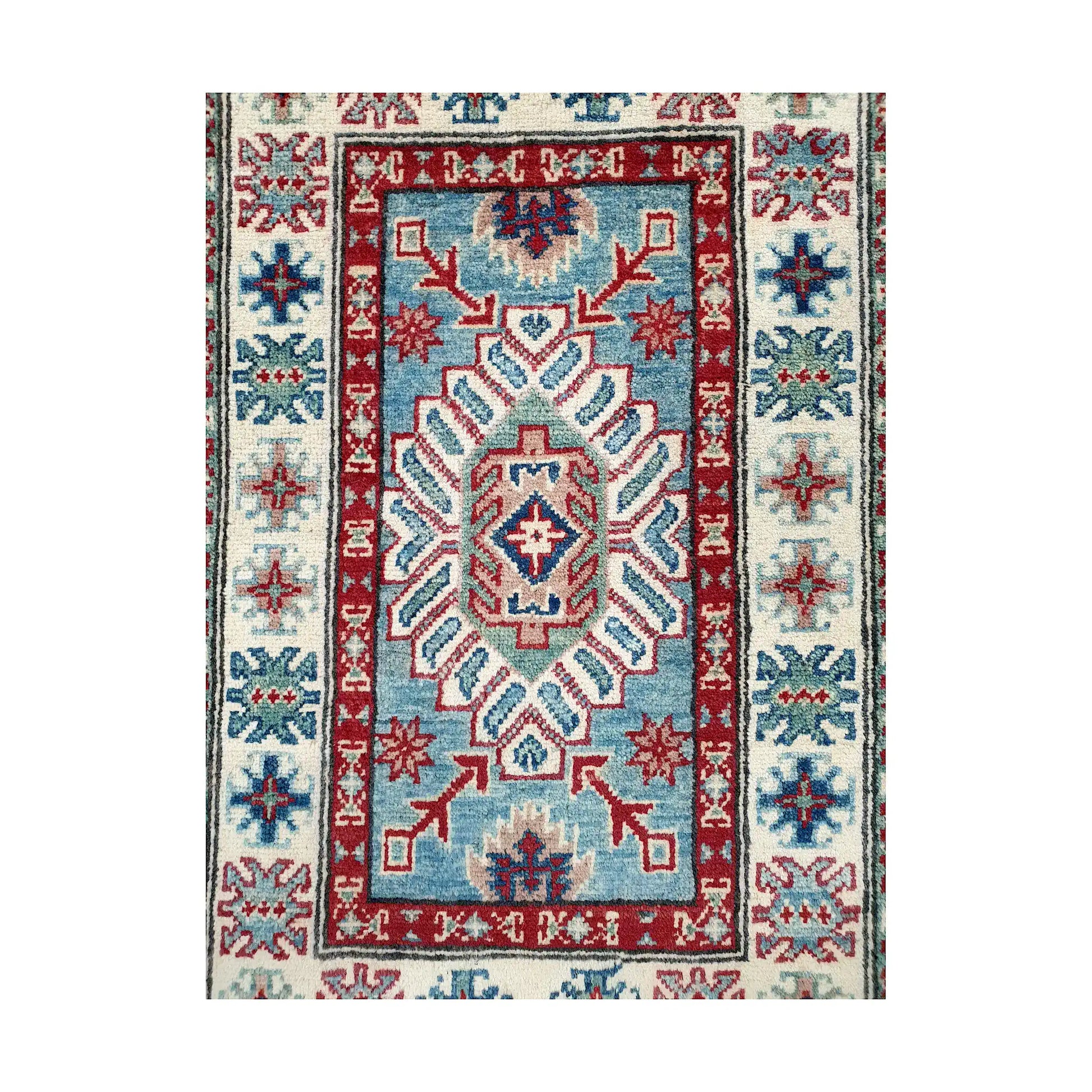 Front design view of Afghan Kazak hand-knotted wool rug showing central geometric motif, blue field and framed border