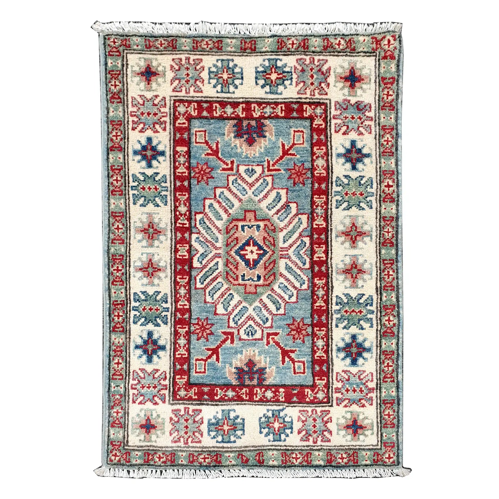 Full view of Afghan Kazak hand-knotted wool rug with blue field, off-white border, red accents and central geometric motif, 91 x 61 cm