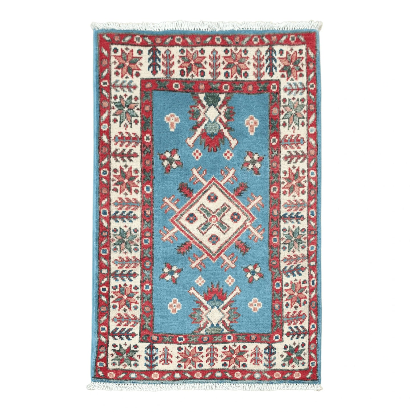 Full view of Afghan Kazak hand-knotted wool rug with blue field, central diamond medallion and red patterned border, 90 x 60 cm