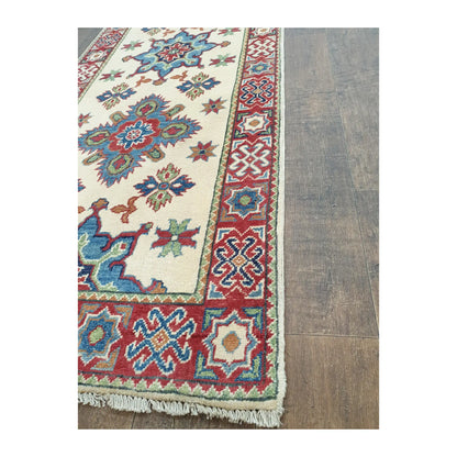 Border and fringe detail of Afghan Kazak hand-knotted wool runner rug
