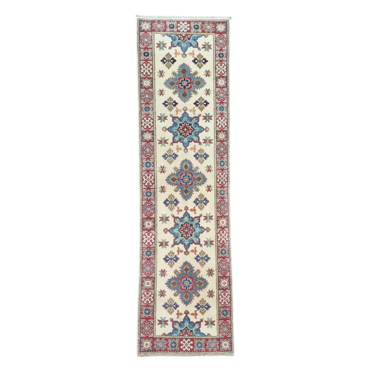 Full view of Afghan Kazak hand-knotted wool runner rug 300 x 80 cm with cream field and medallions