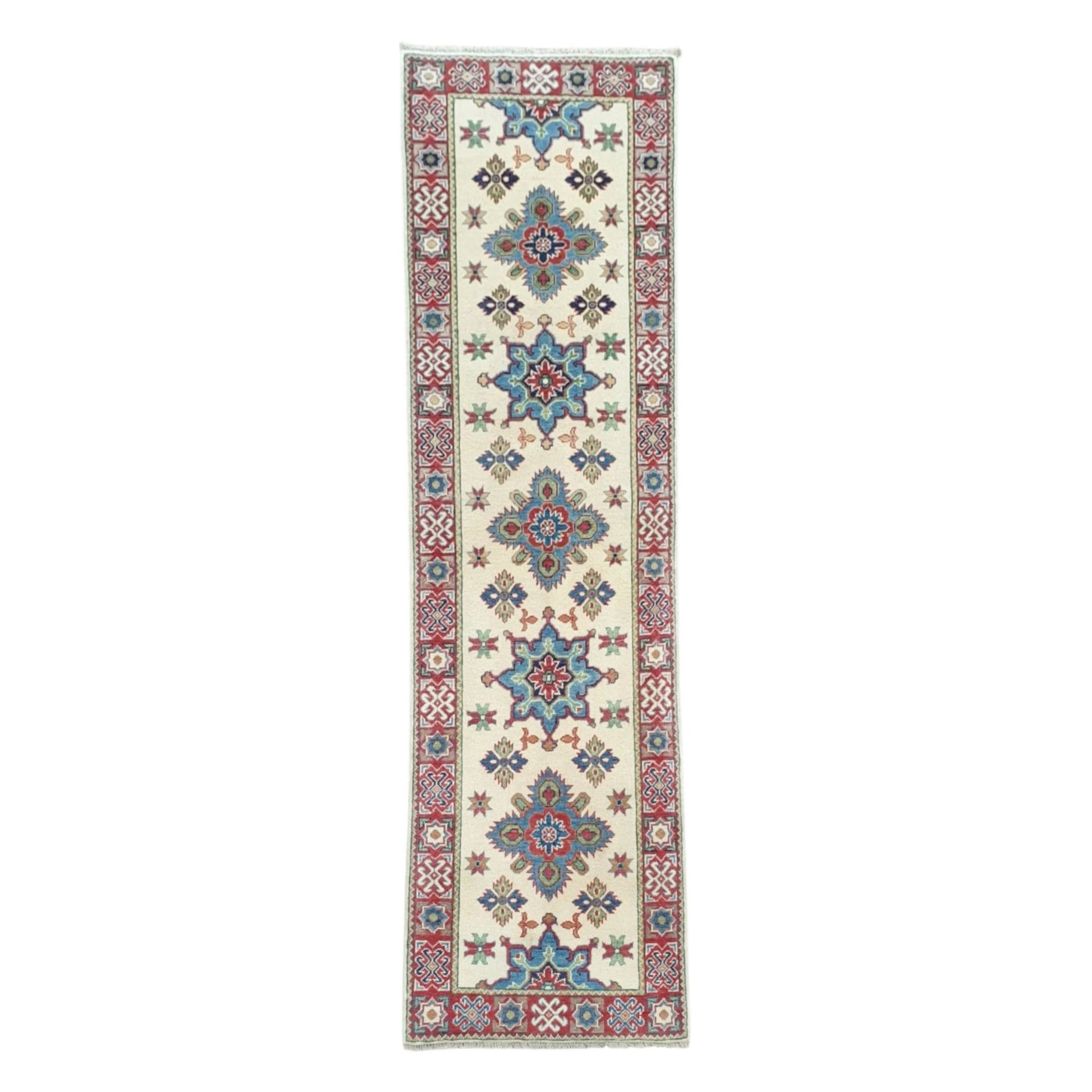 Full view of Afghan Kazak hand-knotted wool runner rug 300 x 80 cm with cream field and medallions