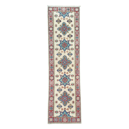 Full view of Afghan Kazak hand-knotted wool runner rug 300 x 80 cm with cream field and medallions